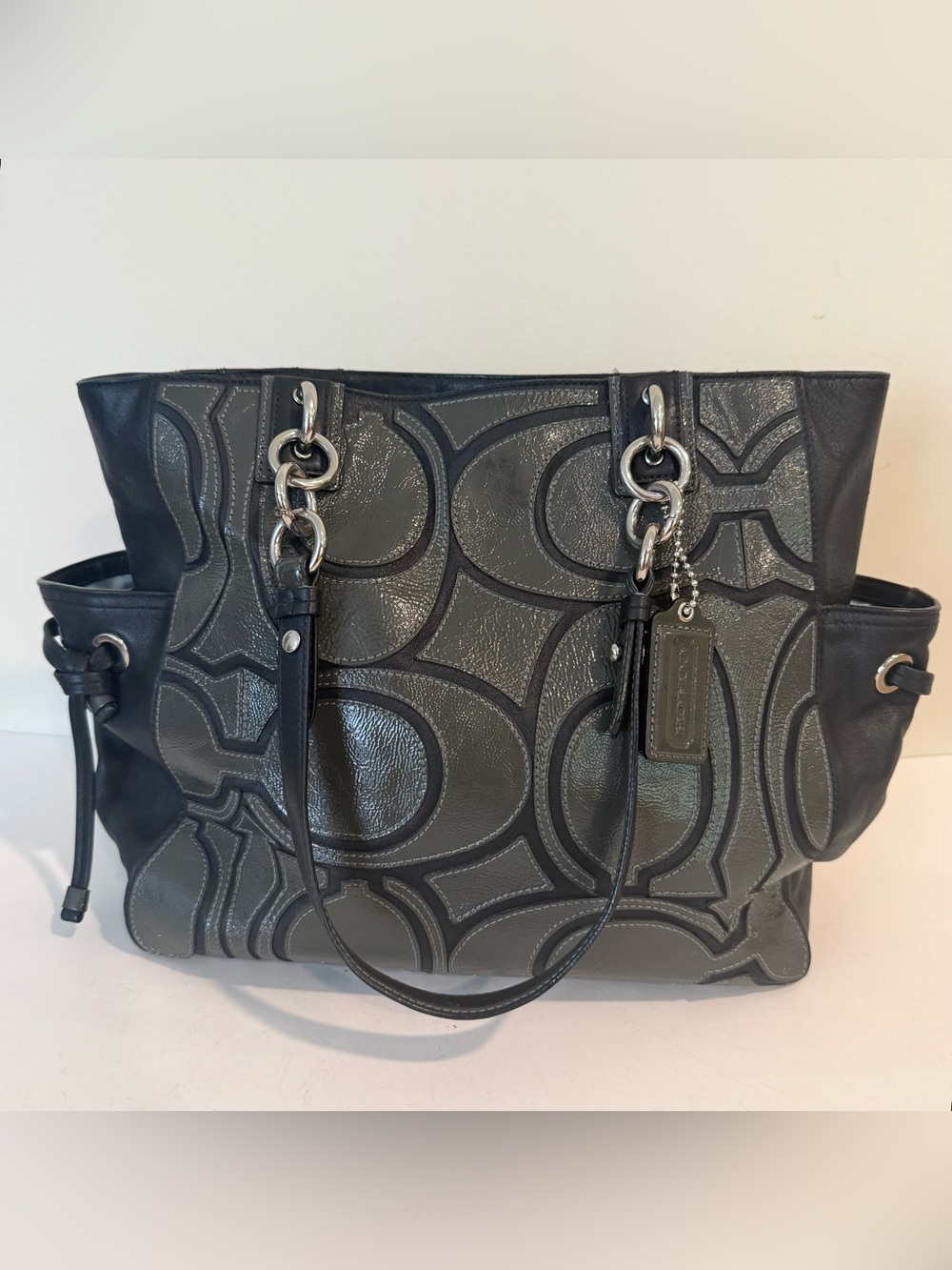 Coach Leather & Patent Leather Colette Purse 16449 Black Gray Tote Bag